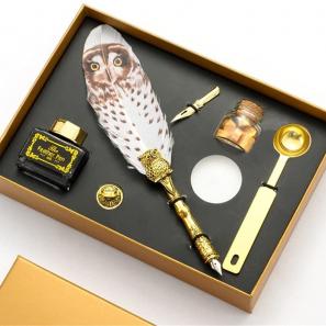 Retro Quill Dip Pen Set Vintage Wax Seal Owl Feather Calligraphy Pen Set