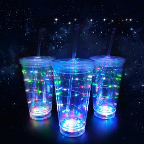 Glitzy Double Wall Plastic Tumbler Cup with LED String Lights Lid Straw 