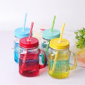 500ML Gradient Colored Rooster Glass Drink Cup with Straw Handle Creative Mason Juice Cold Drink