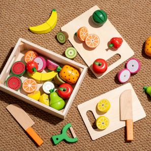 Wooden Play Food and Fruit Veggies Cutting Set - Pretend Kitchen Toys for Toddlers and Kids, Educational Learning Gift for Boys and Girls